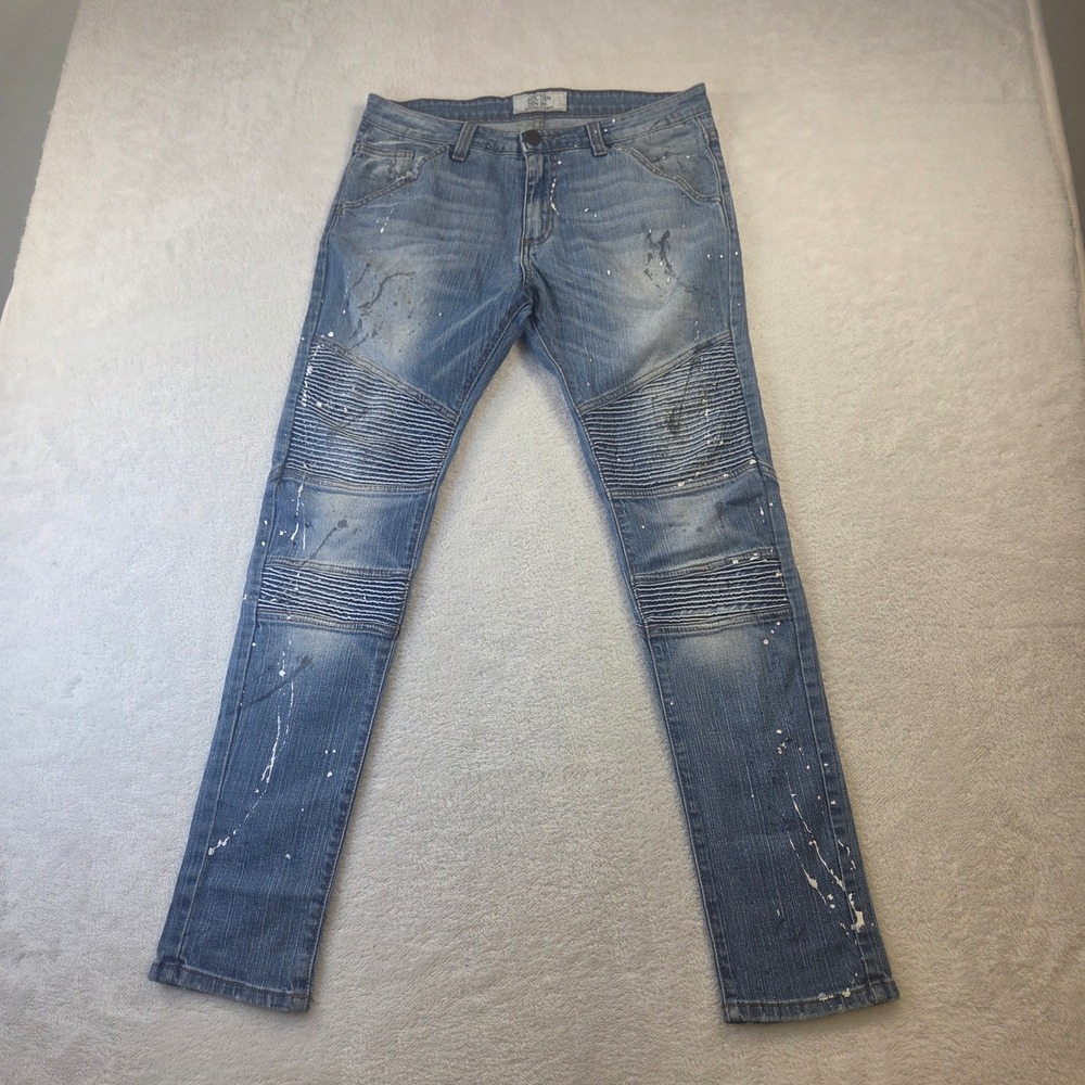 Golden Denim Los Angeles Mens Moto Jeans Blue Paint Splatter Biker Slim 32x31